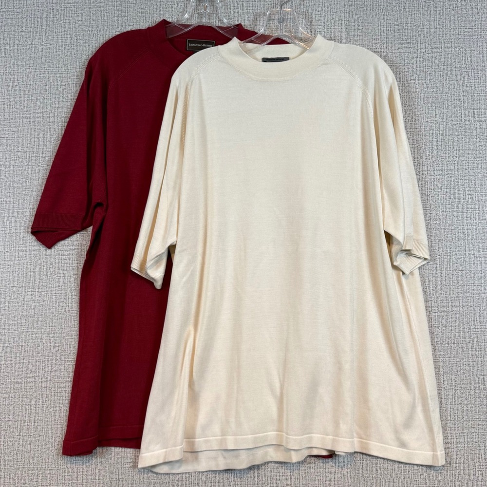Lot of 2 Johnston & Murphy Mens XXL 100% Silk‎ Short Sleeve Pullover Red & Cream